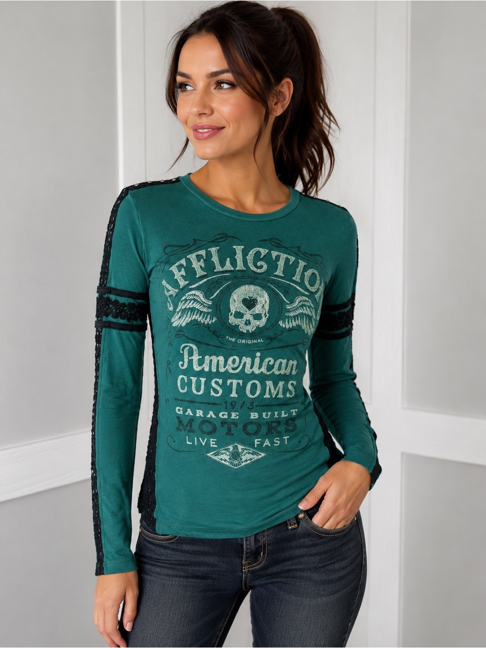 Affliction Women's Teal and Black Long Sleeve Graphic Tee